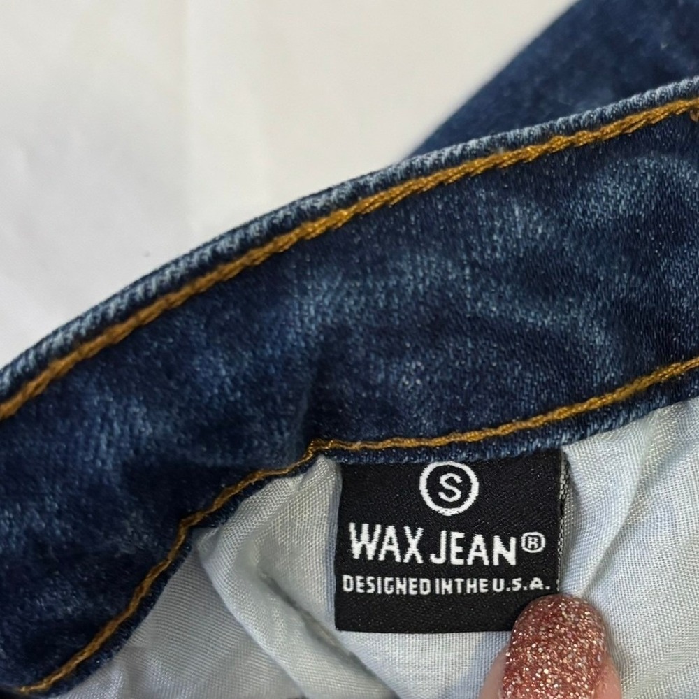 Wax Jean Denim Mini Skirt Womens Small Dark Blue Distressed Raw Hem - Picture 5 of 6